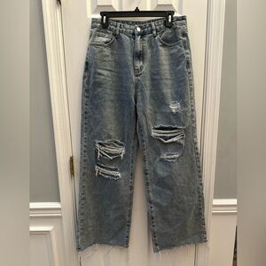 Cider Wide Leg Distressed Jeans Womens Size Large Blue Denim